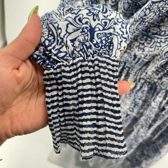 Mystree Blue White Paisley Boho Peasant Dress Large – Off Shoulder Long Sleeve - Picture 8 of 14